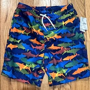 Lands' End Kids' Shark-Print Swim Trunks — Blue, Orange & Green